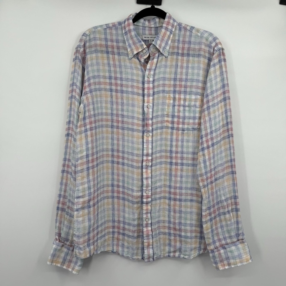 Peter Millar Shirt Mens M Multicolor Plaid Linen Button Up Long Sleeve Casual